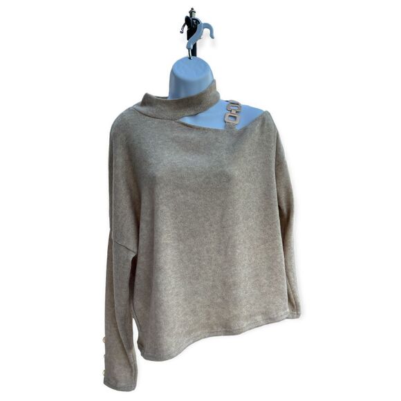 ChicMe Tan Light Knit Cold Shoulder Casual Long Sleeve Sexy Sweater Size L - Picture 1 of 10
